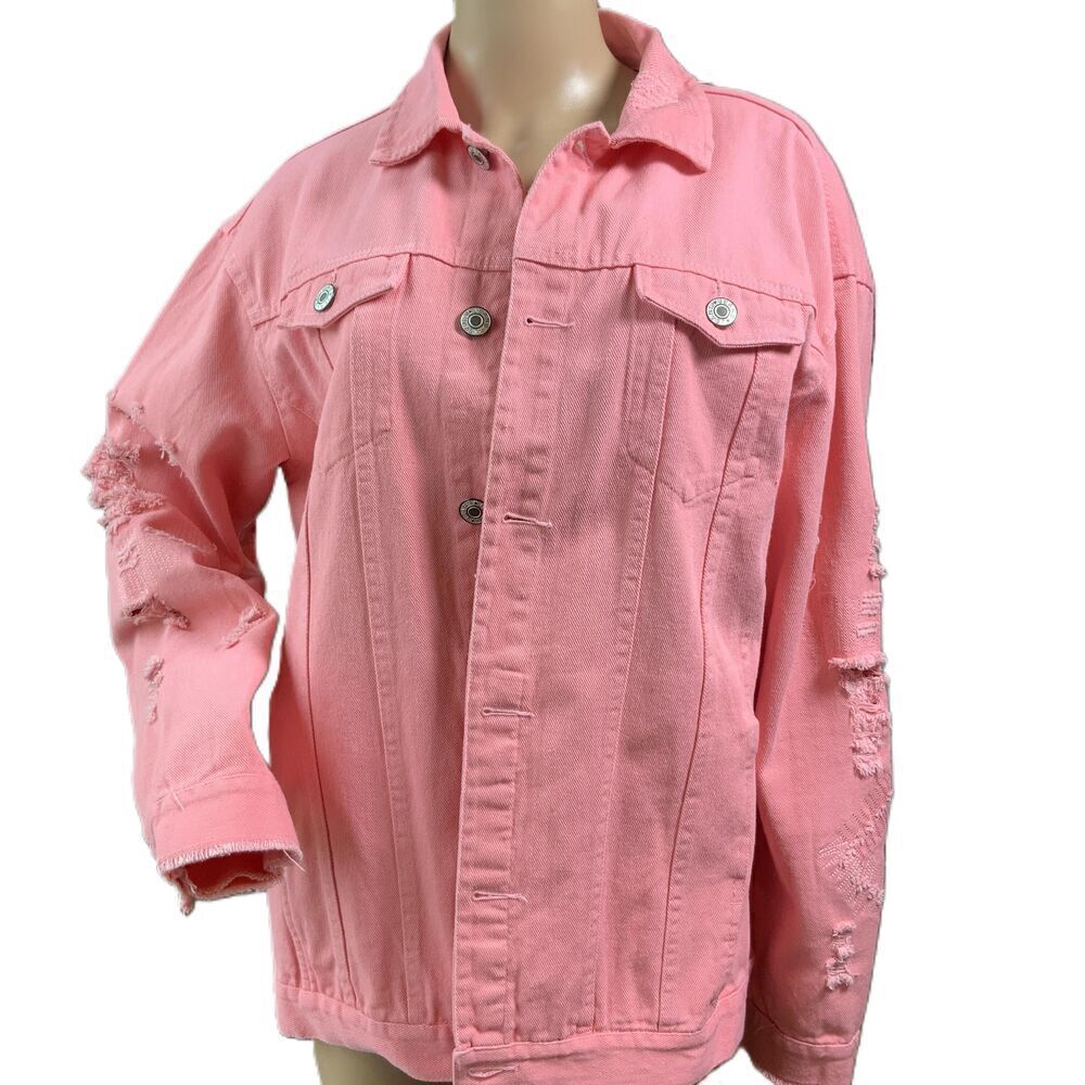 Studios Pink Distressed Button Front Collared Denim Jacket Sz XXLY2K Streeetwear